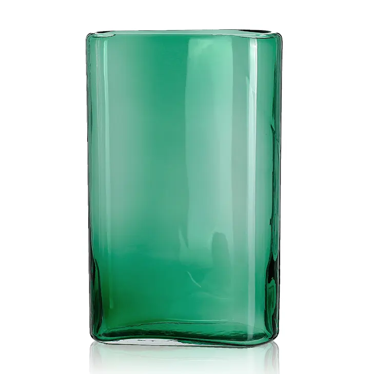 Rectangular emerald green glass vase with a slightly curved base and translucent finish.