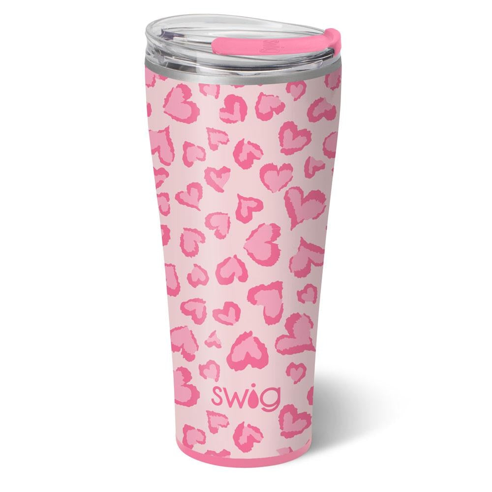 32oz stainless steel tumbler with a pink leopard heart pattern and a clear lid.