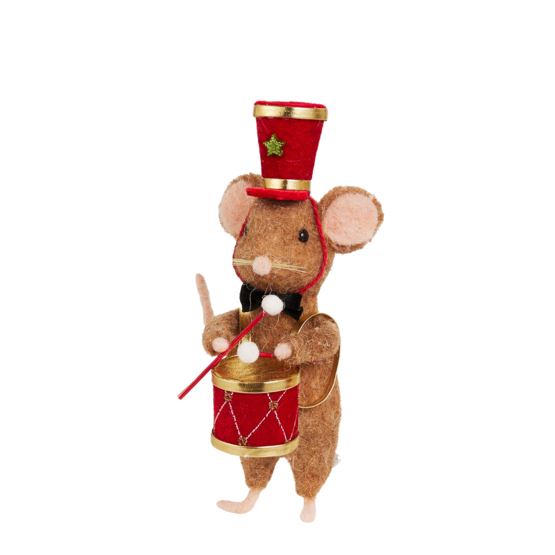 7-inch felt drummer mouse ornament wearing a red hat and playing a red and gold drum.