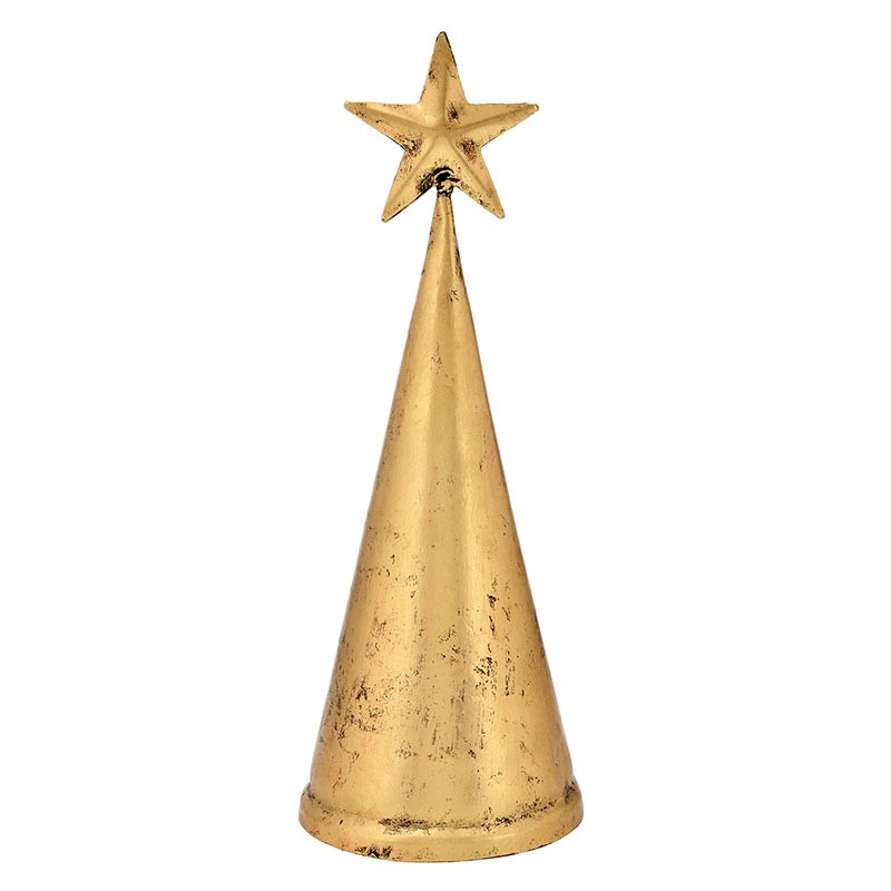 12-inch gold cone-shaped tree bell with a star topper and a distressed metallic finish.