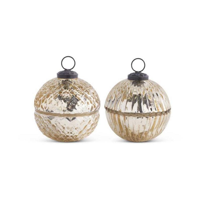 Silver mercury glass lidded ornament candle with striped winter wood pattern