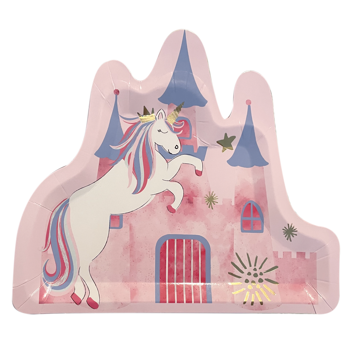 Die-cut pink castle-shaped paper dinner plate featuring a white unicorn with a colorful mane.