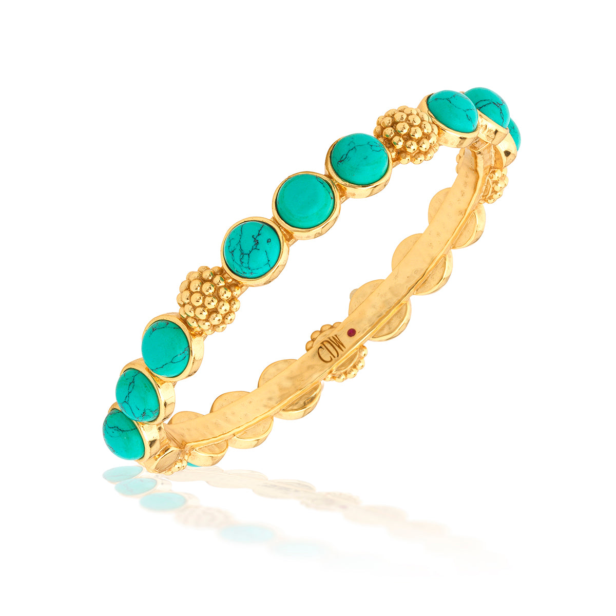 Turquoise hinged bangle bracelet with MOP inlay on gold over brass