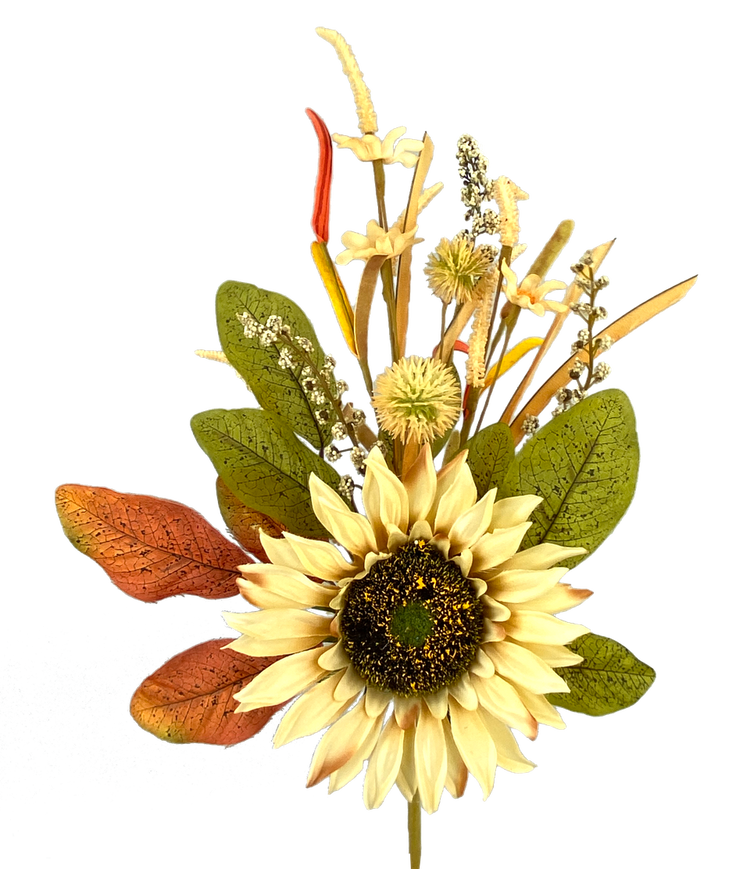 Yellow sunflower pom-pom pick with a natural stem handle.