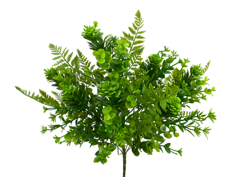 Artificial plastic eucalyptus fern mix bush with green foliage in a natural silhouette.