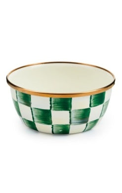 Emerald Check Pinch Bowl with a green and white checkered pattern and a gold-tone rim.