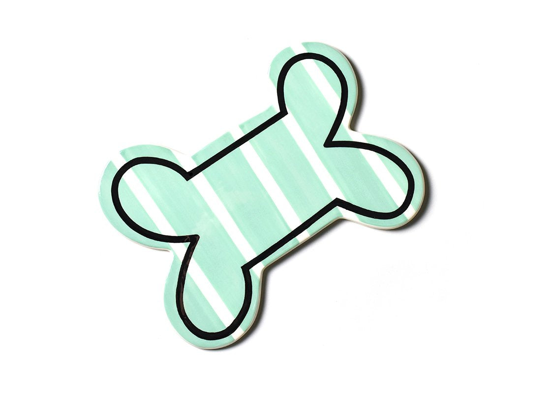 Ceramic bone-shaped attachment with mint green and white vertical stripes and a black outline.