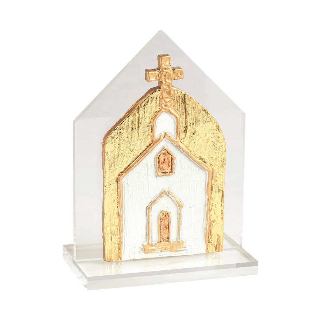Clear acrylic plaque featuring a layered plaster hand-painted white and gold church with a cross.