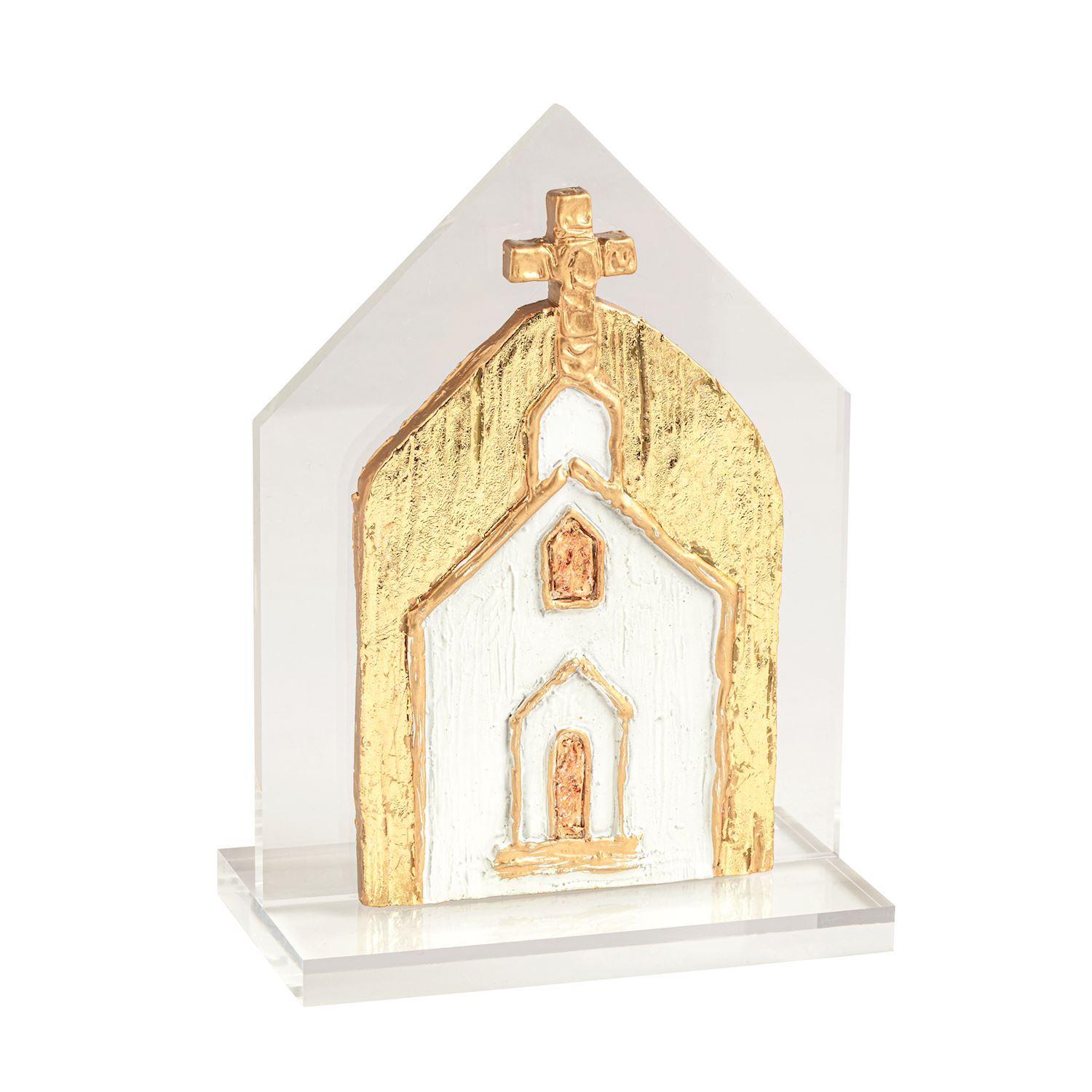 Clear acrylic plaque featuring a layered plaster hand-painted white and gold church with a cross.