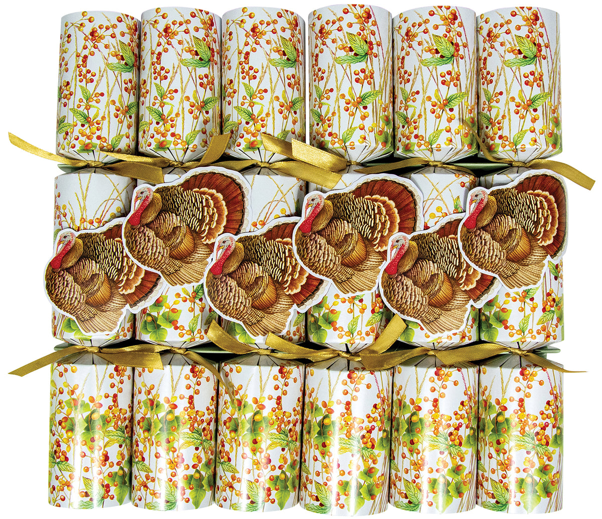 Set of six Thanksgiving crackers featuring a turkey cutout and a fall berry and wheat pattern.