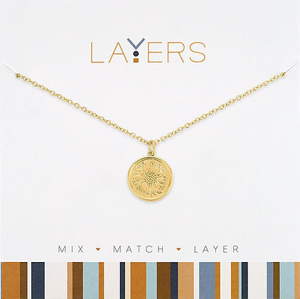 Gold stamped sunflower coin layered necklace with nature-inspired charm