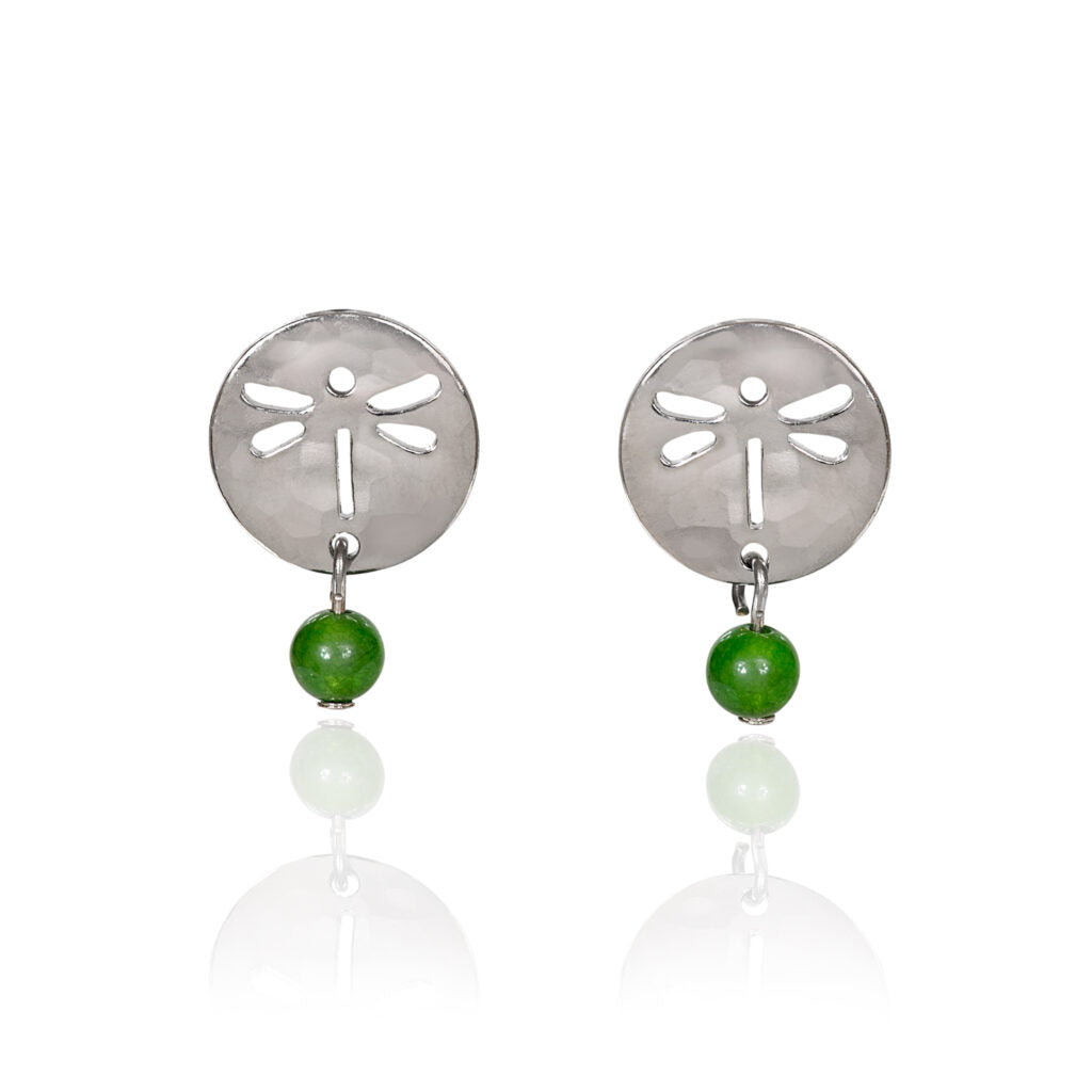 Silver dragonfly cutout disc earrings with green semi-precious stone bead drops.