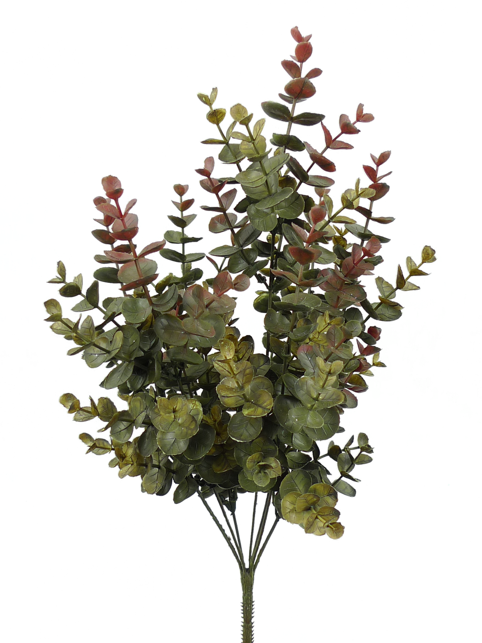 Plastic eucalyptus bush decoration with green leaves on a brown branch stem.