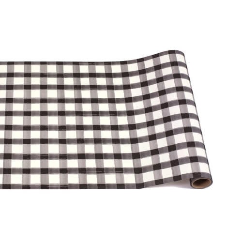 Black painted check runner with a grid pattern on white background
