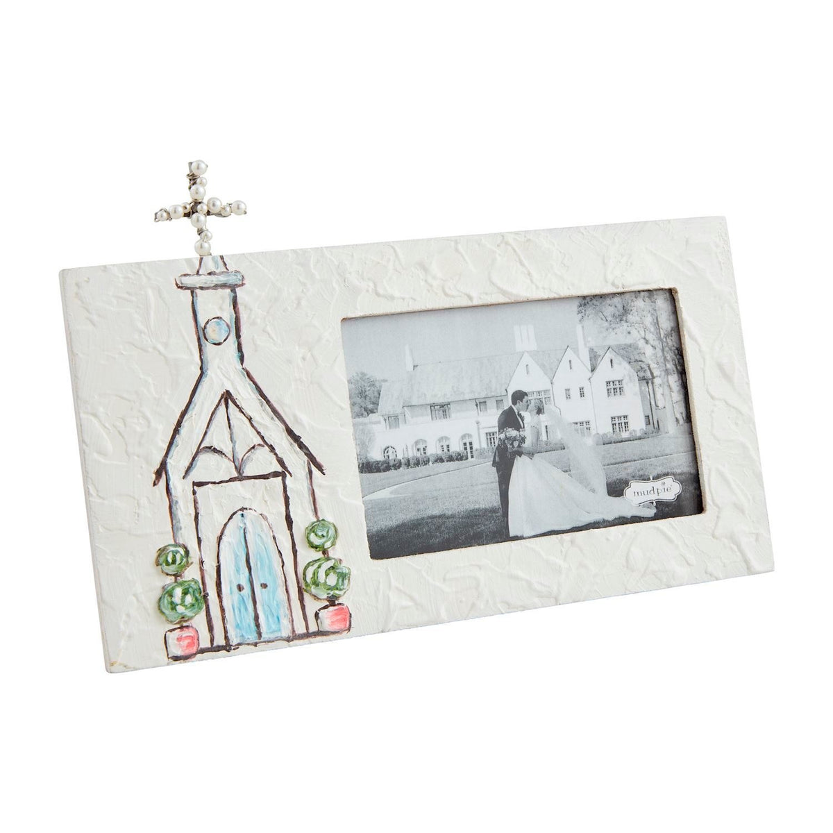 Hand-painted pine wood frame with dimensional pearl bead cross on easel back
