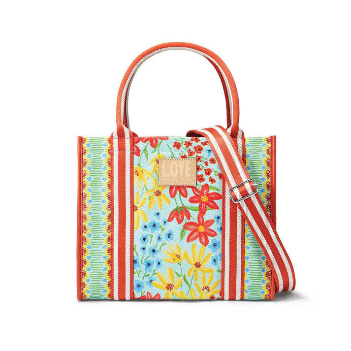Painterly Garden Canvas Carryall tote with floral collage print in soft pastel tones.