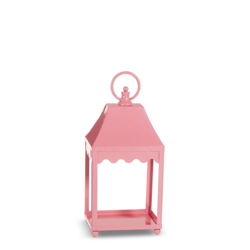 Pale pink iron lantern with scalloped edges measuring eight inches wide by six inches deep.
