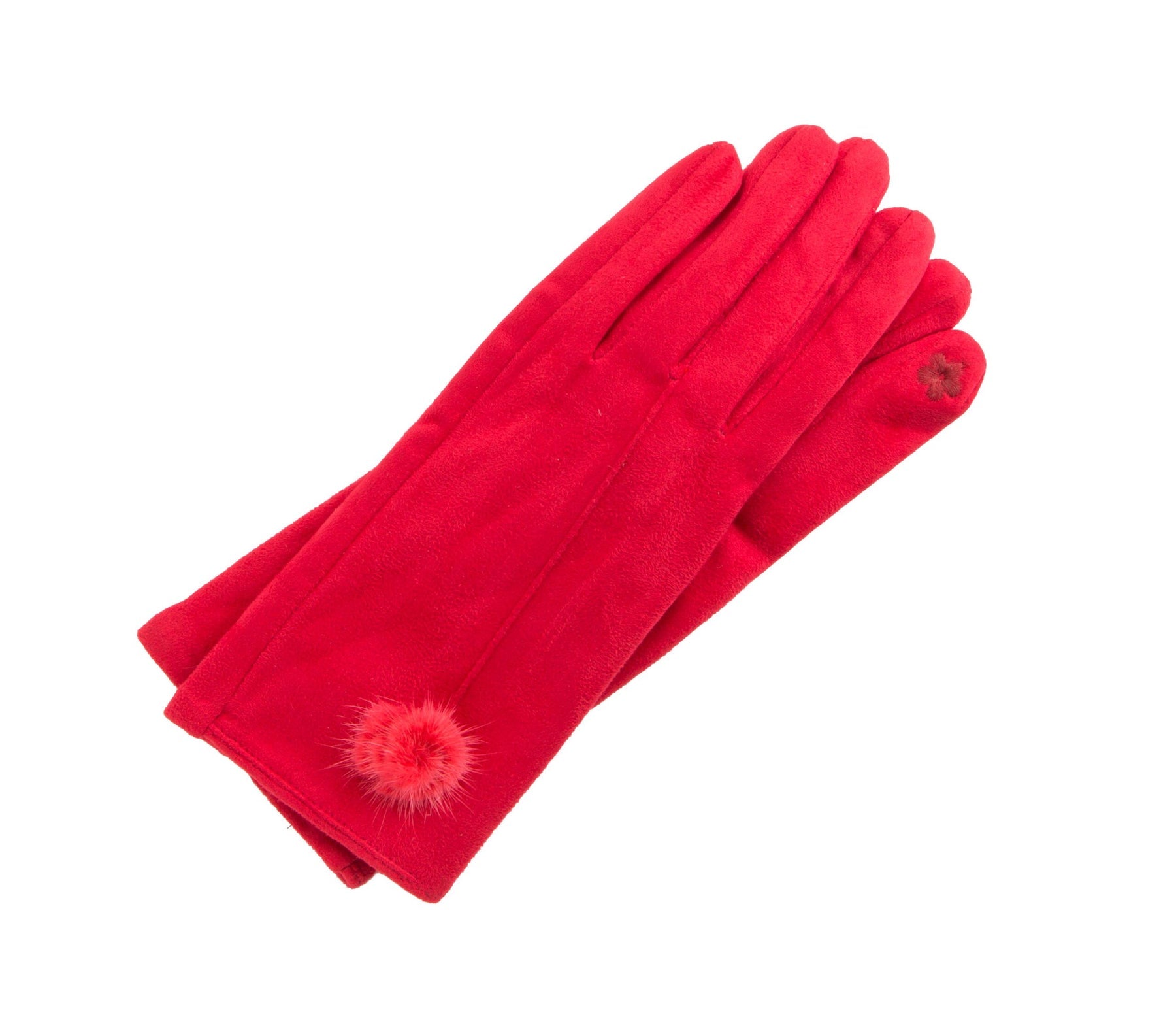 Pale pink ultrasuede touchscreen gloves with a fur ball detail on the palm.