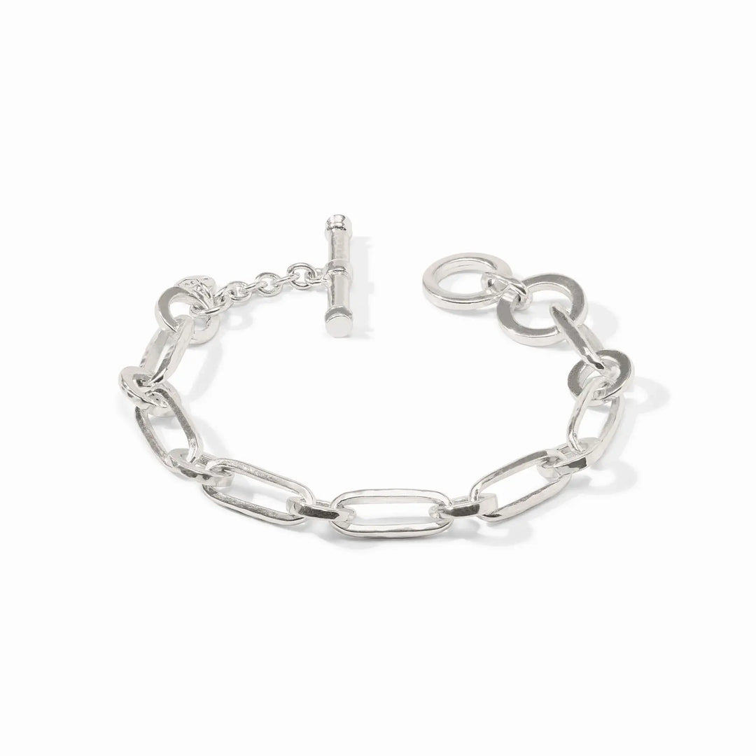 Silver Palladio link bracelet with lightly hammered oval links and dual toggle closure.