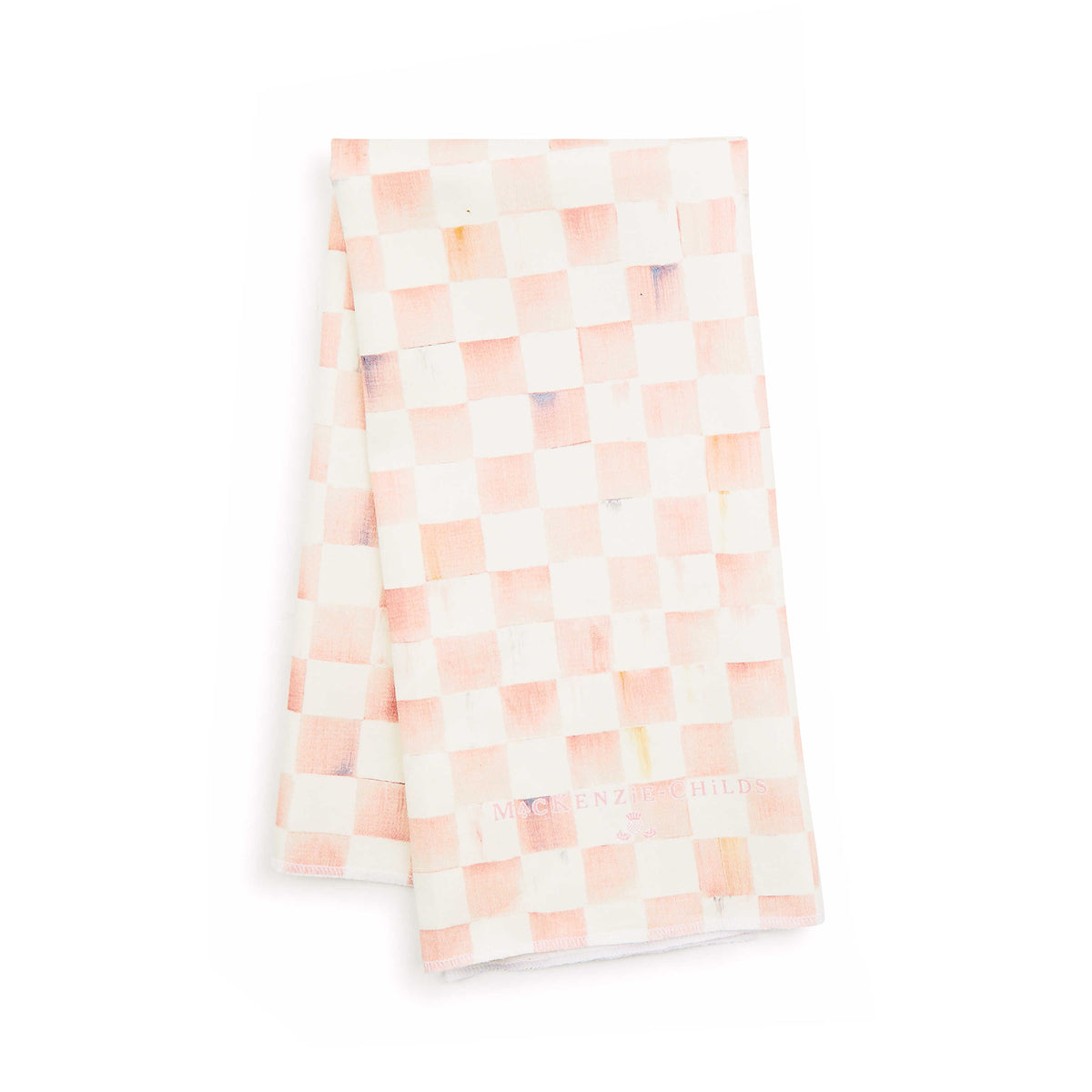 Rosy Check Dish Towel featuring a pink and white hand-painted checkered pattern on 100% cotton.