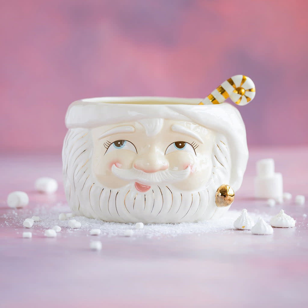Ceramic Santa Claus punch bowl with gold accents and matching ladle