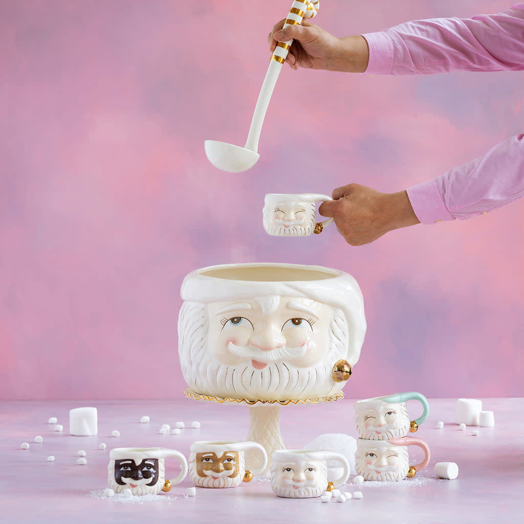 Ceramic Santa Claus punch bowl with gold accents and matching ladle