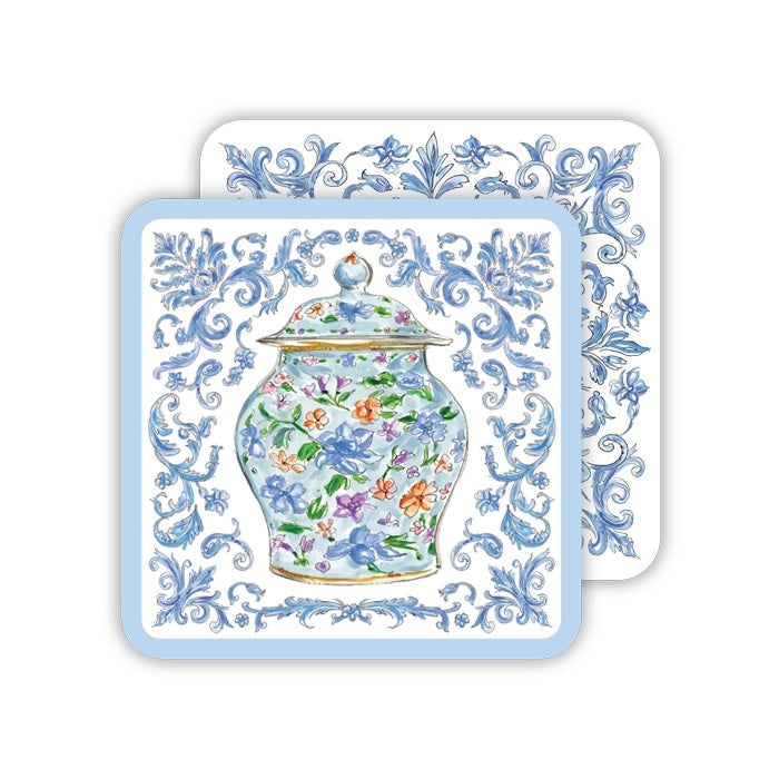 Four-inch square reversible felt paper coaster with rounded corners.
