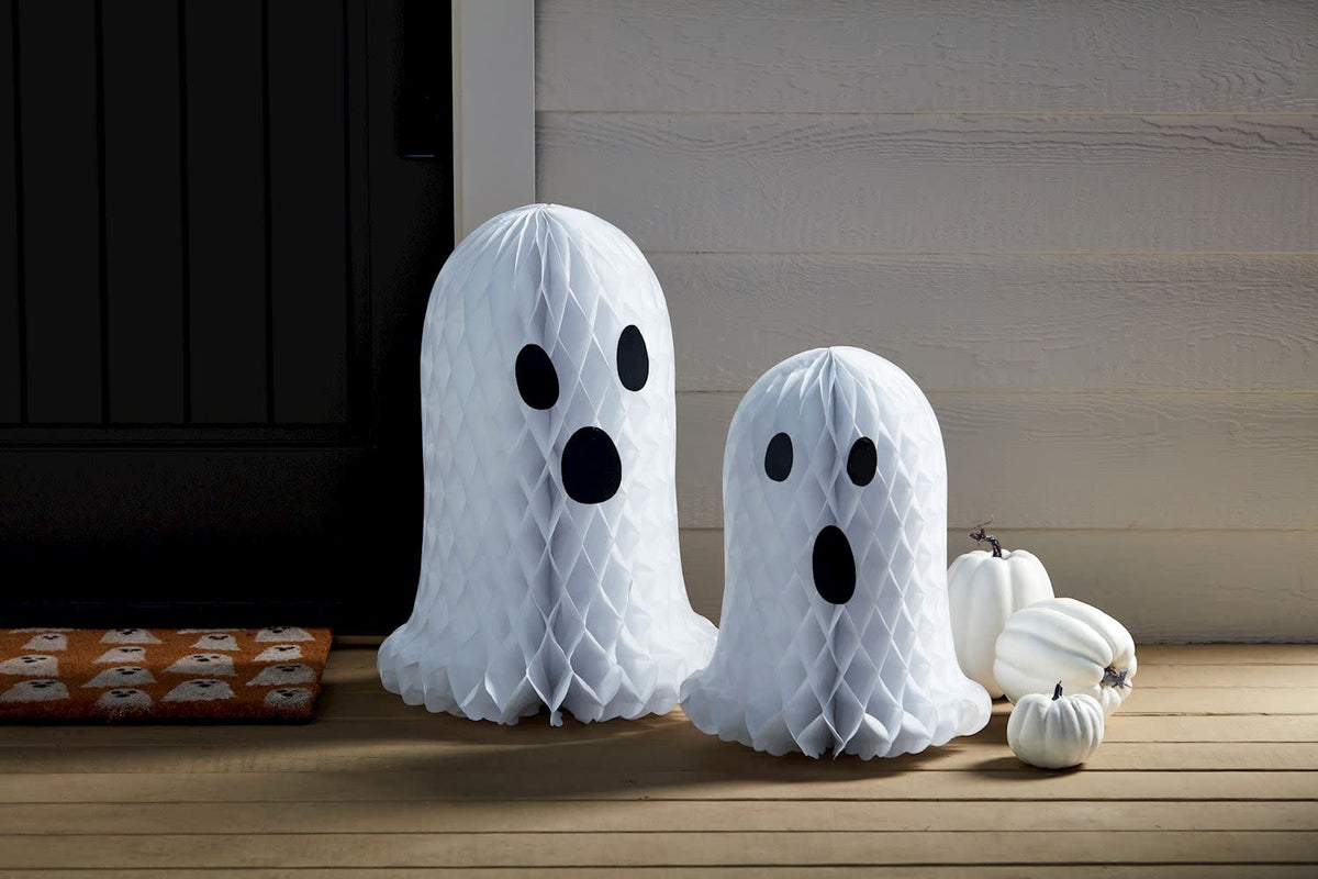 Honeycomb tissue paper decorative ghost with a translucent white color.