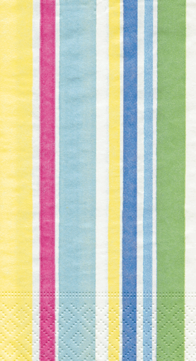 Bright cabana stripe triple-ply paper guest towel napkin measuring 4.25 inches by 7.75 inches.