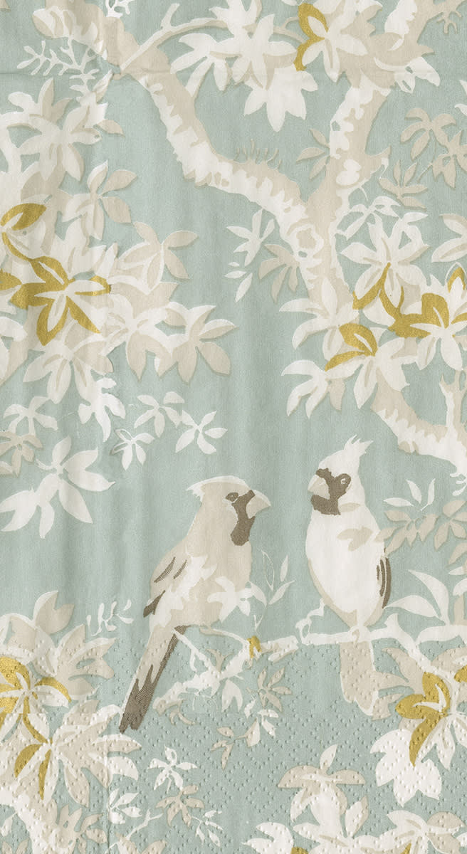 Scenic Songbirds paper guest towel in celadon with watercolor bird pattern