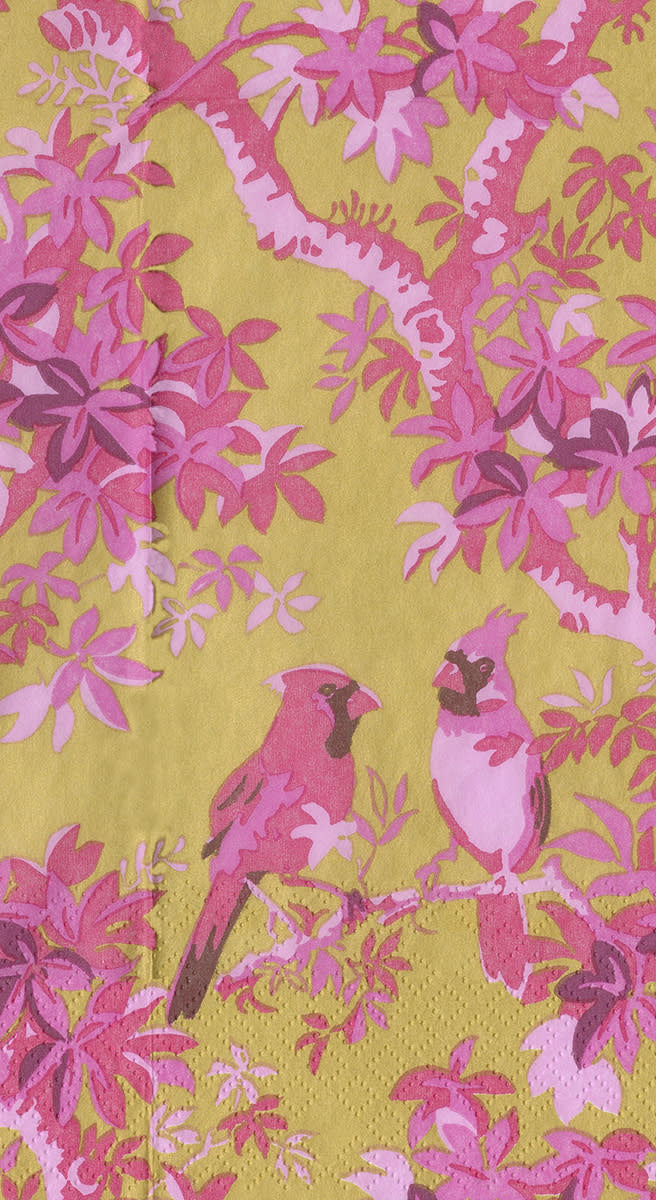 Triple-ply paper guest towel with scenic songbirds in rose gold ink on white tissue.