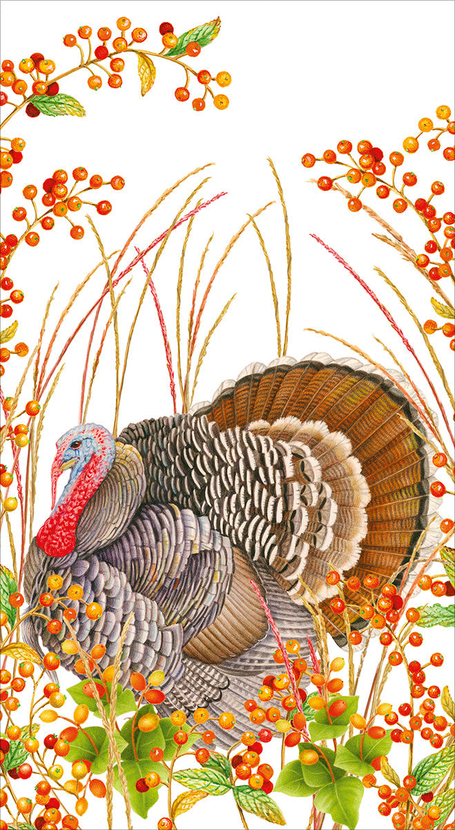 Triple-ply paper guest towel featuring a turkey and berry print on white tissue.