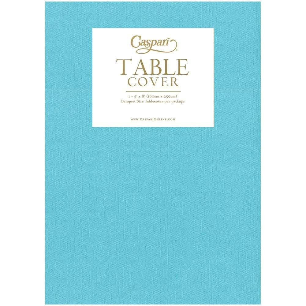 Robins egg blue solid paper linen table cover measuring eight by five feet.