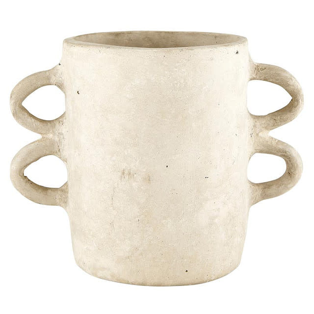 Natural paper mache vase with handles featuring an organic artfully shaped silhouette.