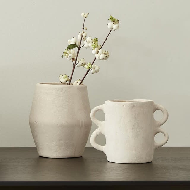 Natural paper mache vase with handles in organic shape