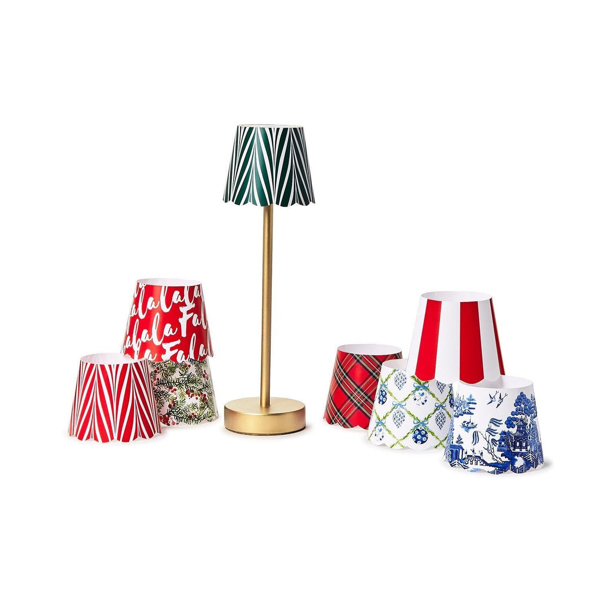Scalloped edge paper shade covers in white designed to wrap around an LED table lamp.