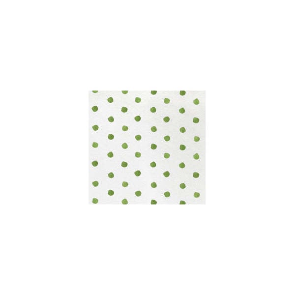 Pack of green spunlace dot cocktail napkins folded into squares.