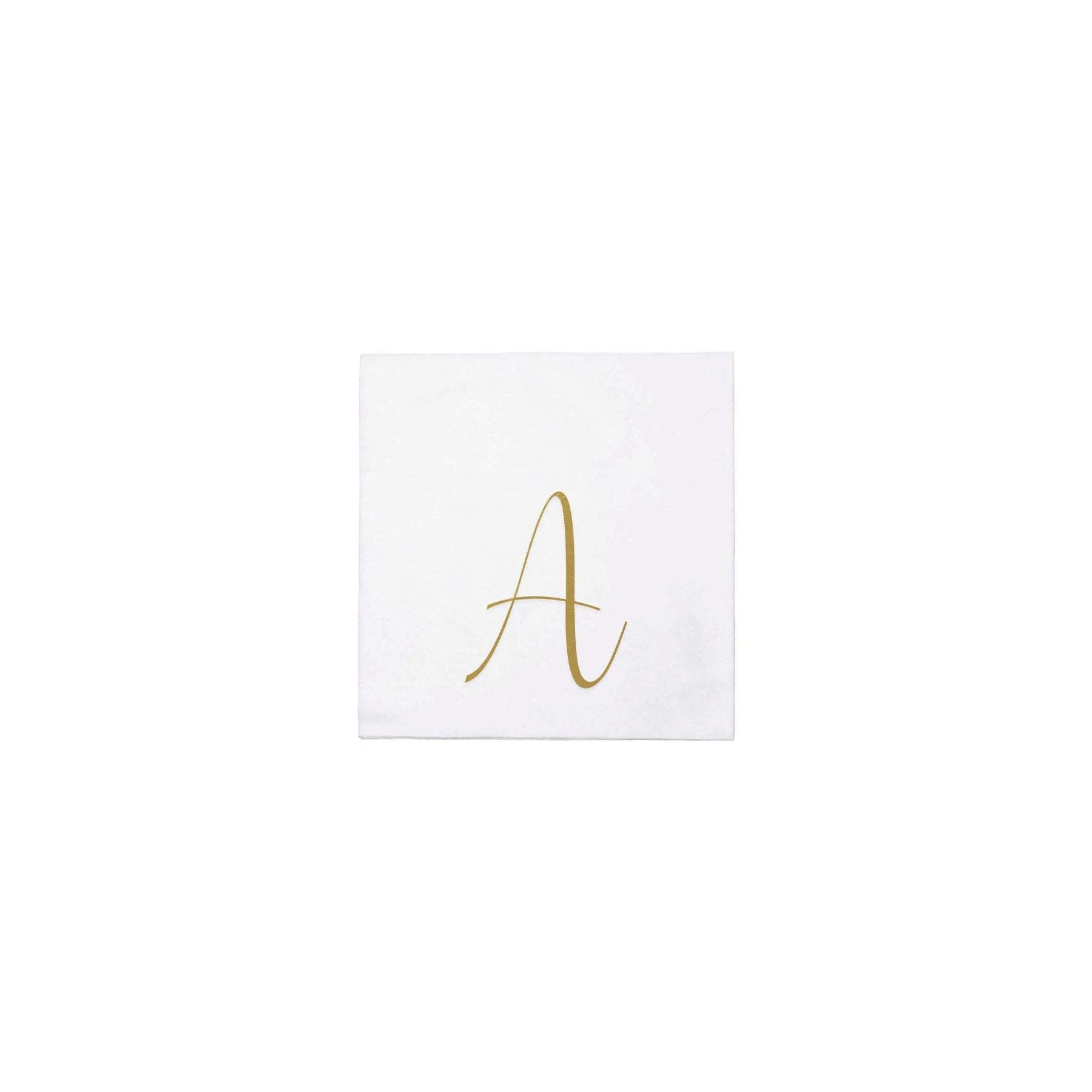 Pack of twenty gold monogram spunlace cocktail napkins folded in a square shape.