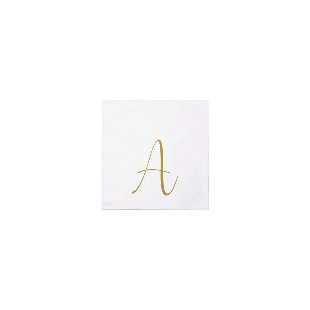 Pack of twenty gold monogram spunlace cocktail napkins folded in a square shape.