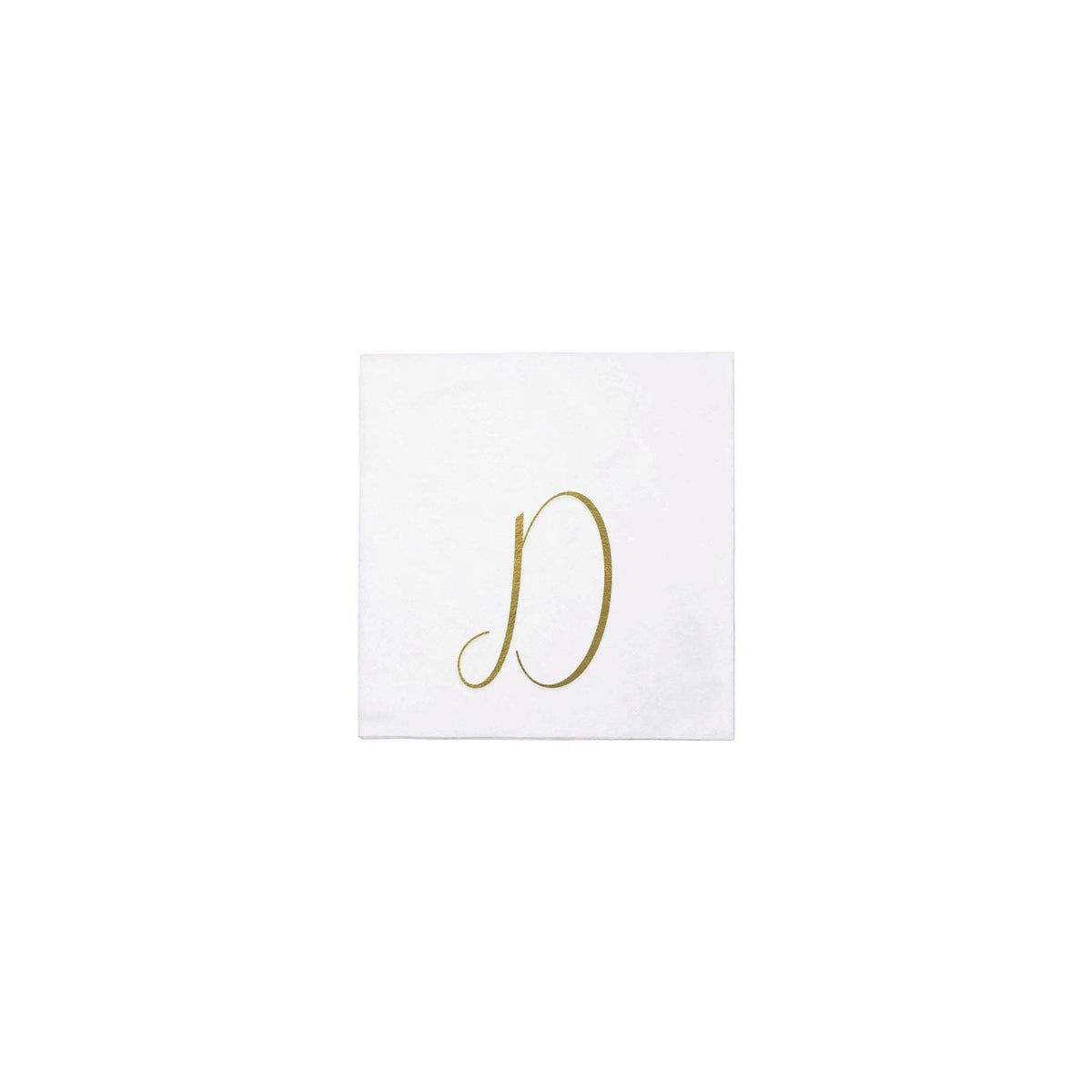 Gold monogrammed cocktail napkins folded in a square shape.