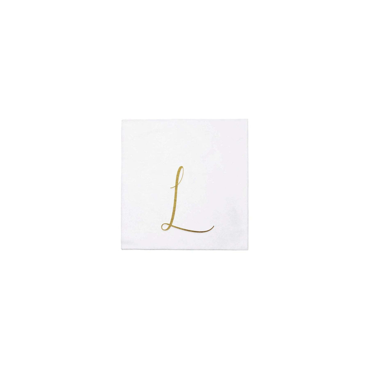 Pack of twenty gold monogram cocktail napkins made from absorbent spunlace paper.