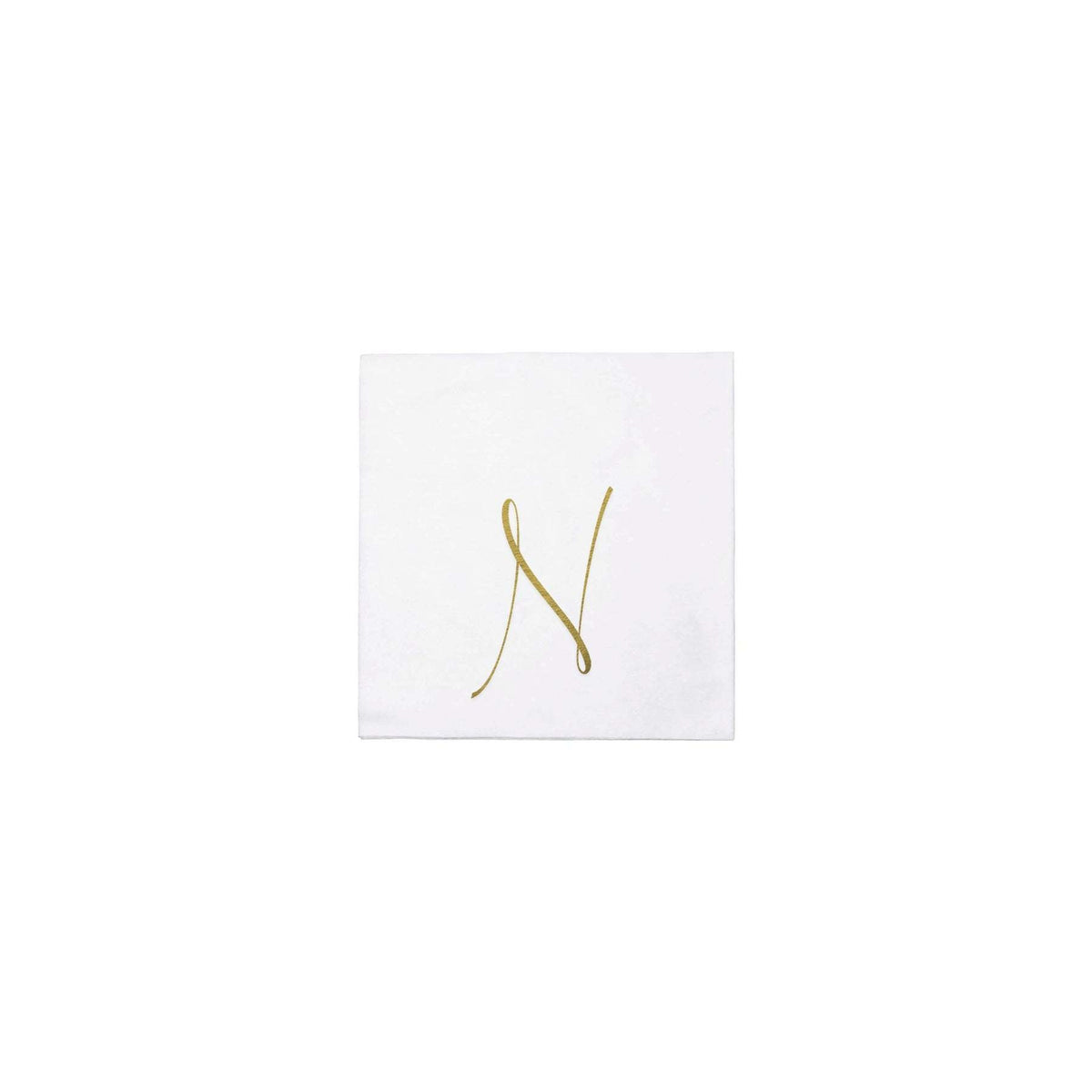 Pack of twenty gold monogram spunlace cocktail napkins folded square.
