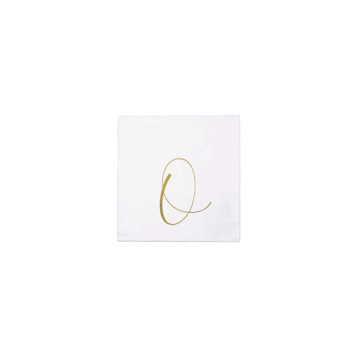 Pack of twenty gold monogram spunlace cocktail napkins folded in a square shape.
