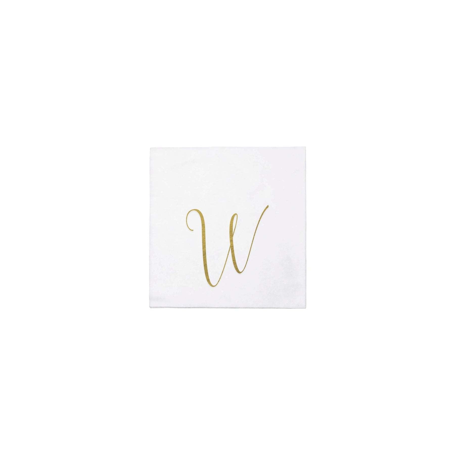 Pack of twenty gold monogram spunlace cocktail napkins folded to five-inch squares.