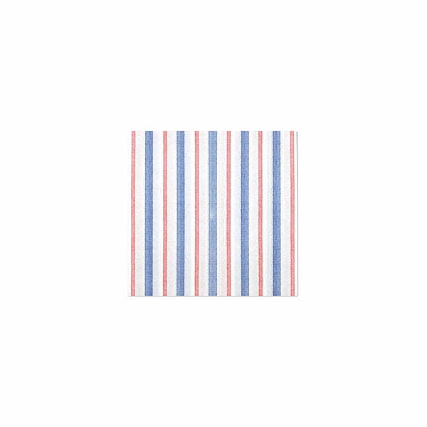 Pack of twenty Americana stripe spunlace paper cocktail napkins folded in a square shape.