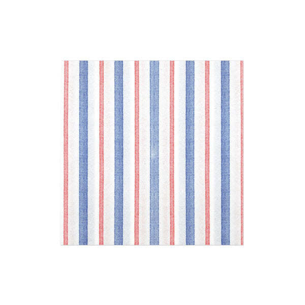 Pack of Americana stripe spunlace paper dinner napkins in red, white, and blue.