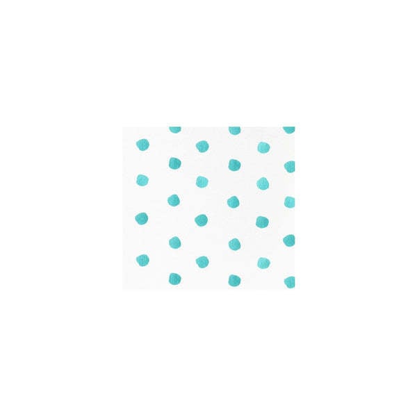 Pack of twenty aqua dot-patterned spunlace cocktail napkins folded in square silhouette.