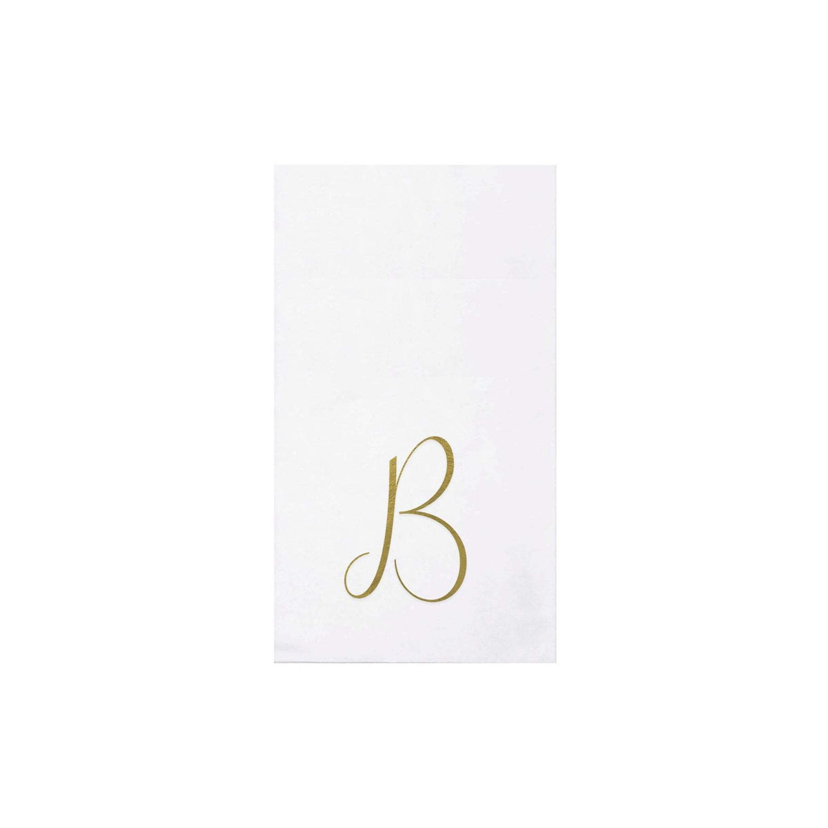 Folded gold monogram guest towels made from absorbent spunlace material.