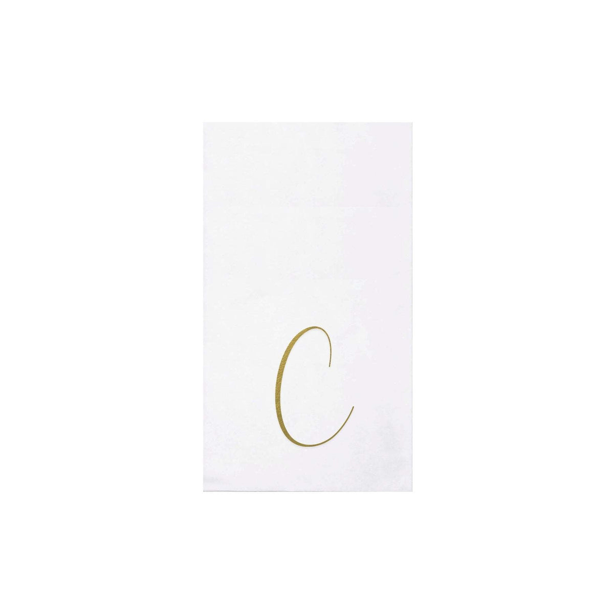 Folded gold monogram guest towels made from absorbent spunlace material.