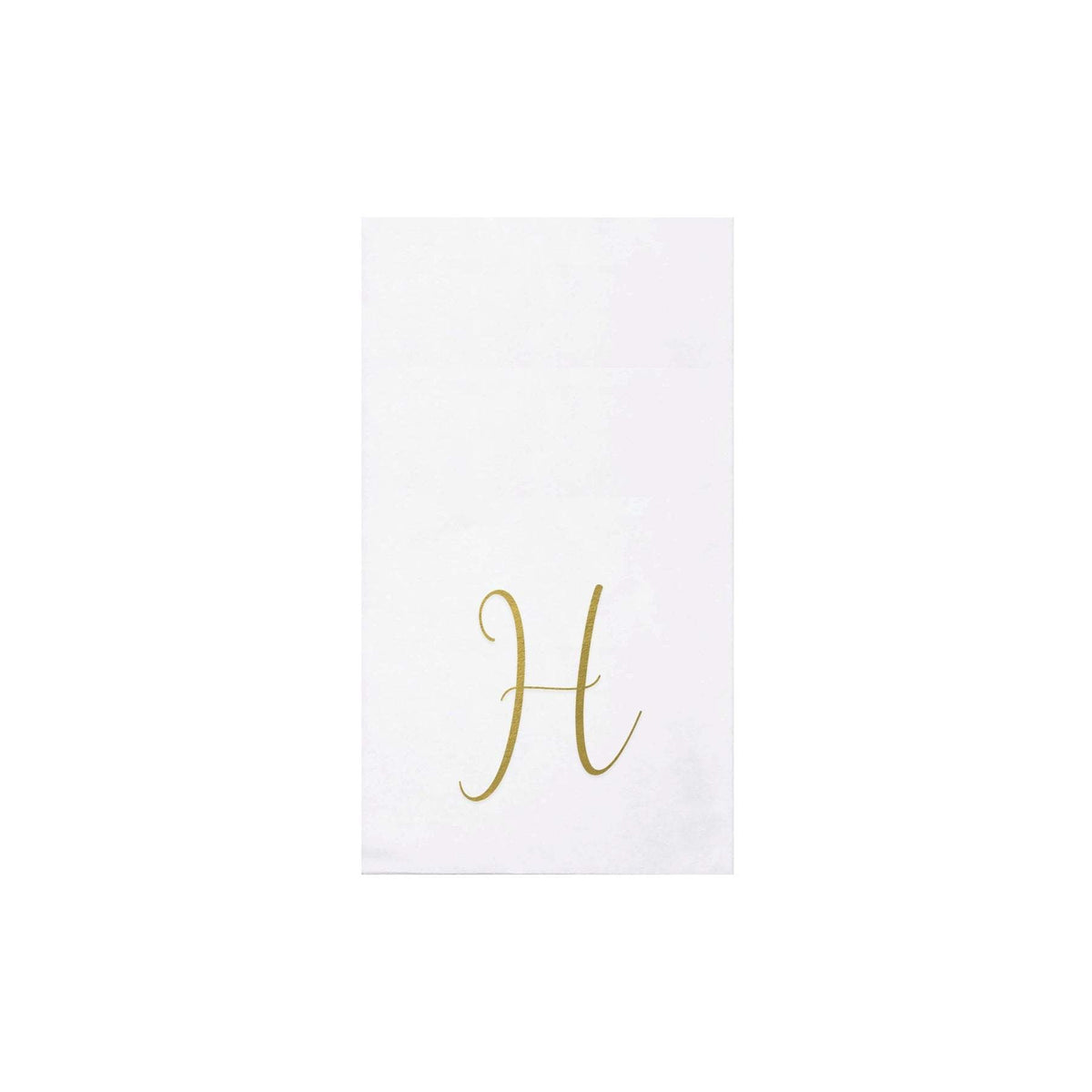 Folded gold monogram guest towels made from absorbent spunlace material.